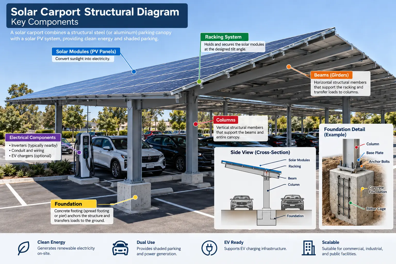 Diagram of commercial solar carports components including foundation, steel columns, racking, and PV modules