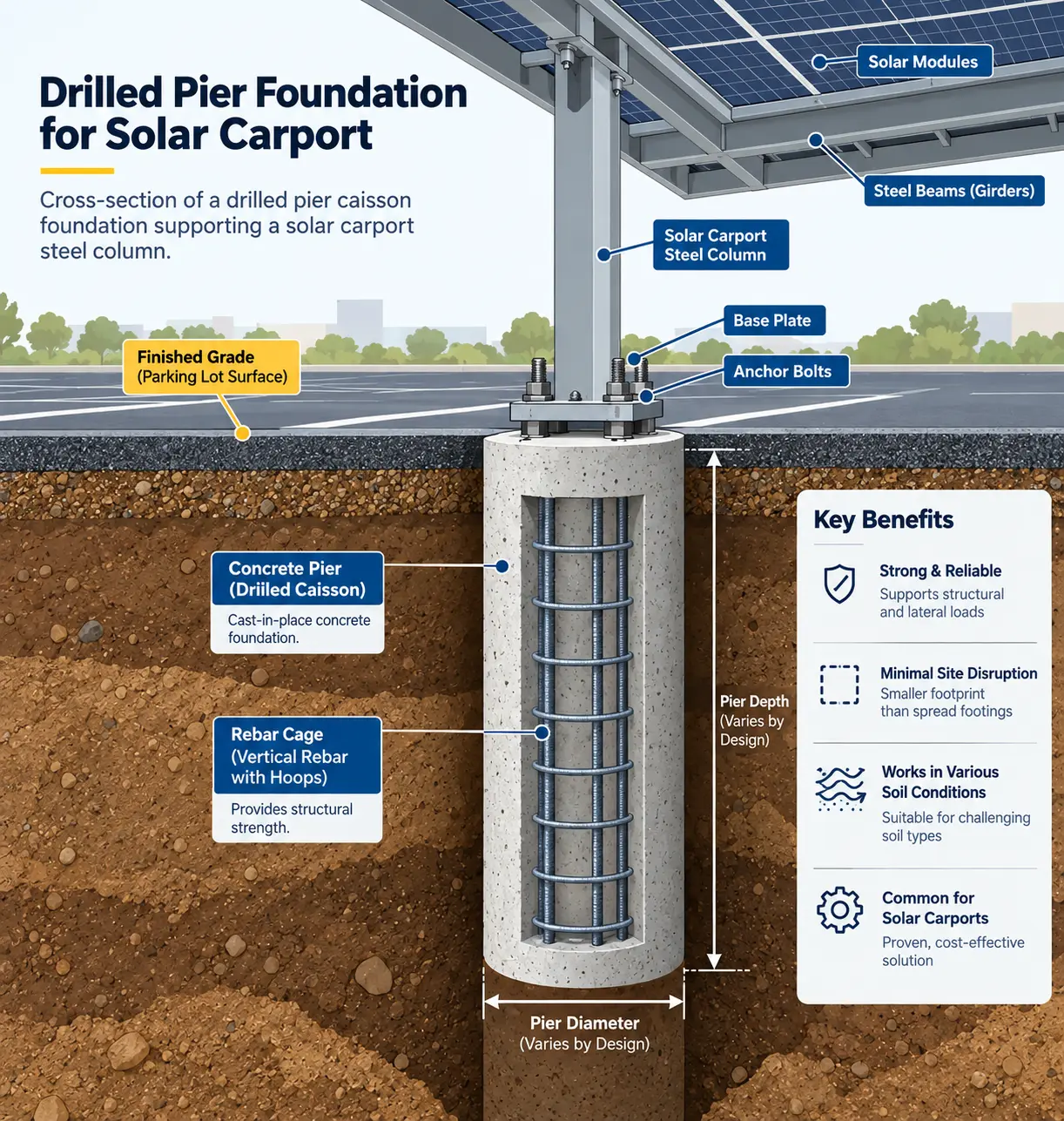 Cross-section of a drilled pier caisson foundation supporting a solar carport steel column