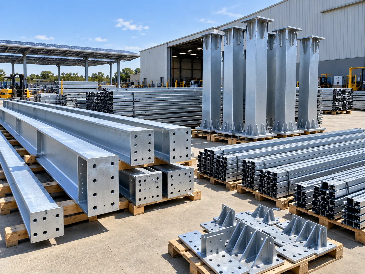 Commercial solar carport racking components fabricated at a domestic manufacturing facility