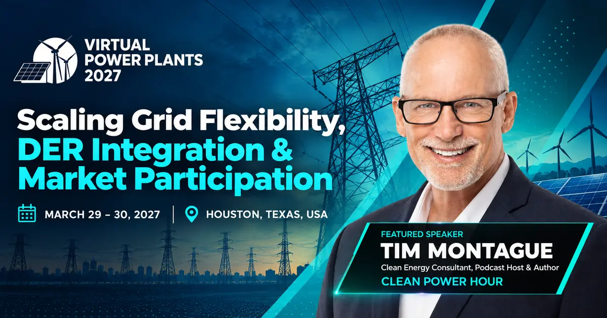 Virtual Power Plants 2027 conference banner featuring speaker Tim Montague