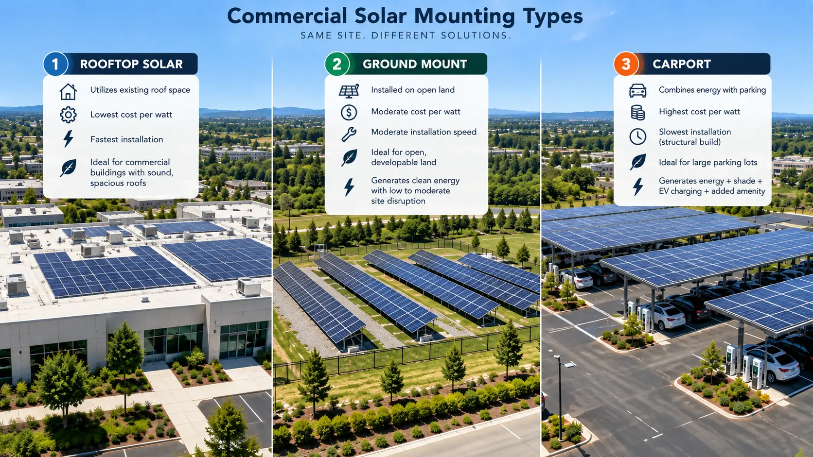 Comparison of rooftop, ground mount, and solar carport mounting types on a commercial property